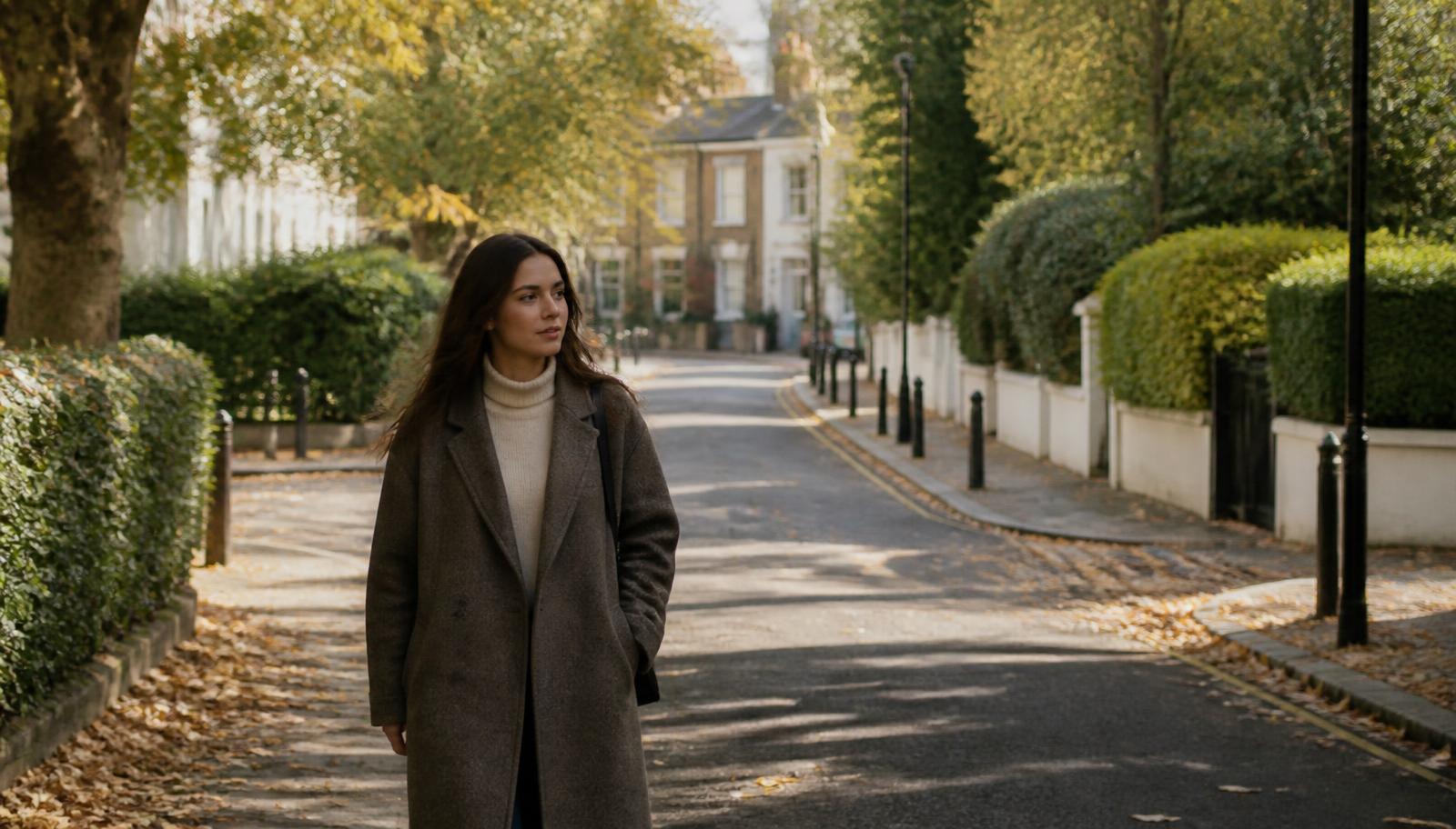 A woman walking a quiet tree-lined London street in autumn