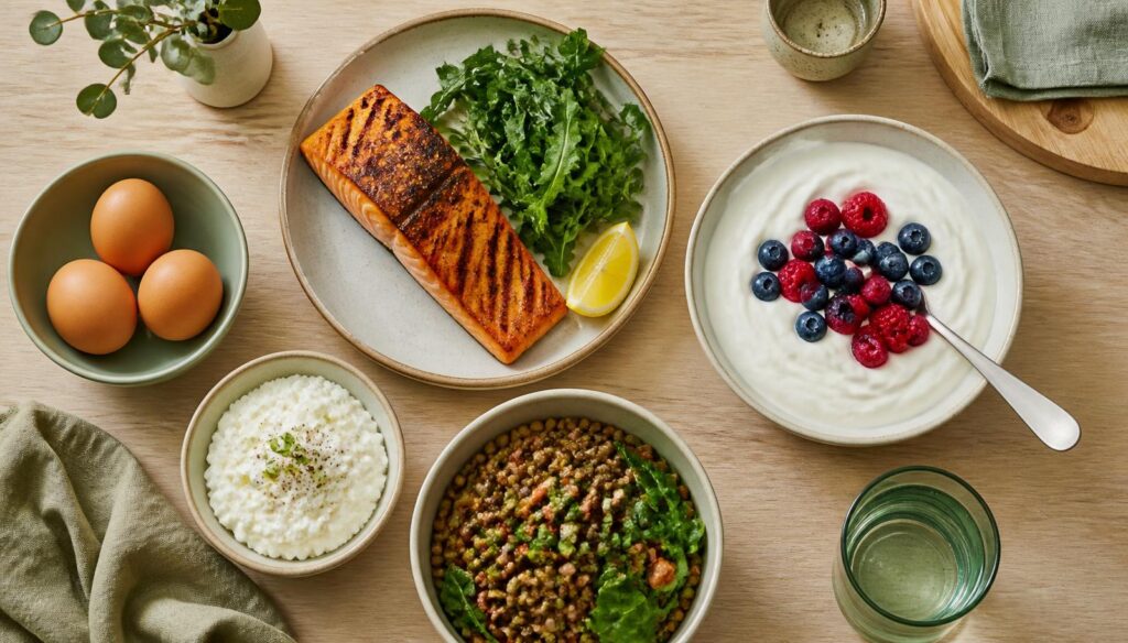 An overhead table of protein-rich food: salmon, eggs, yoghurt, cottage cheese and lentils