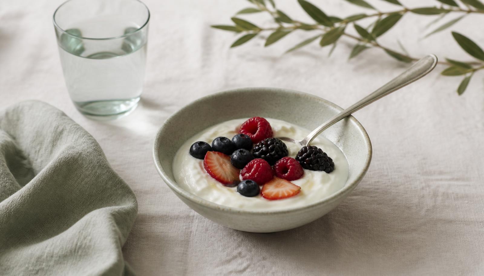 A bowl of Greek yoghurt with berries beside a glass of water