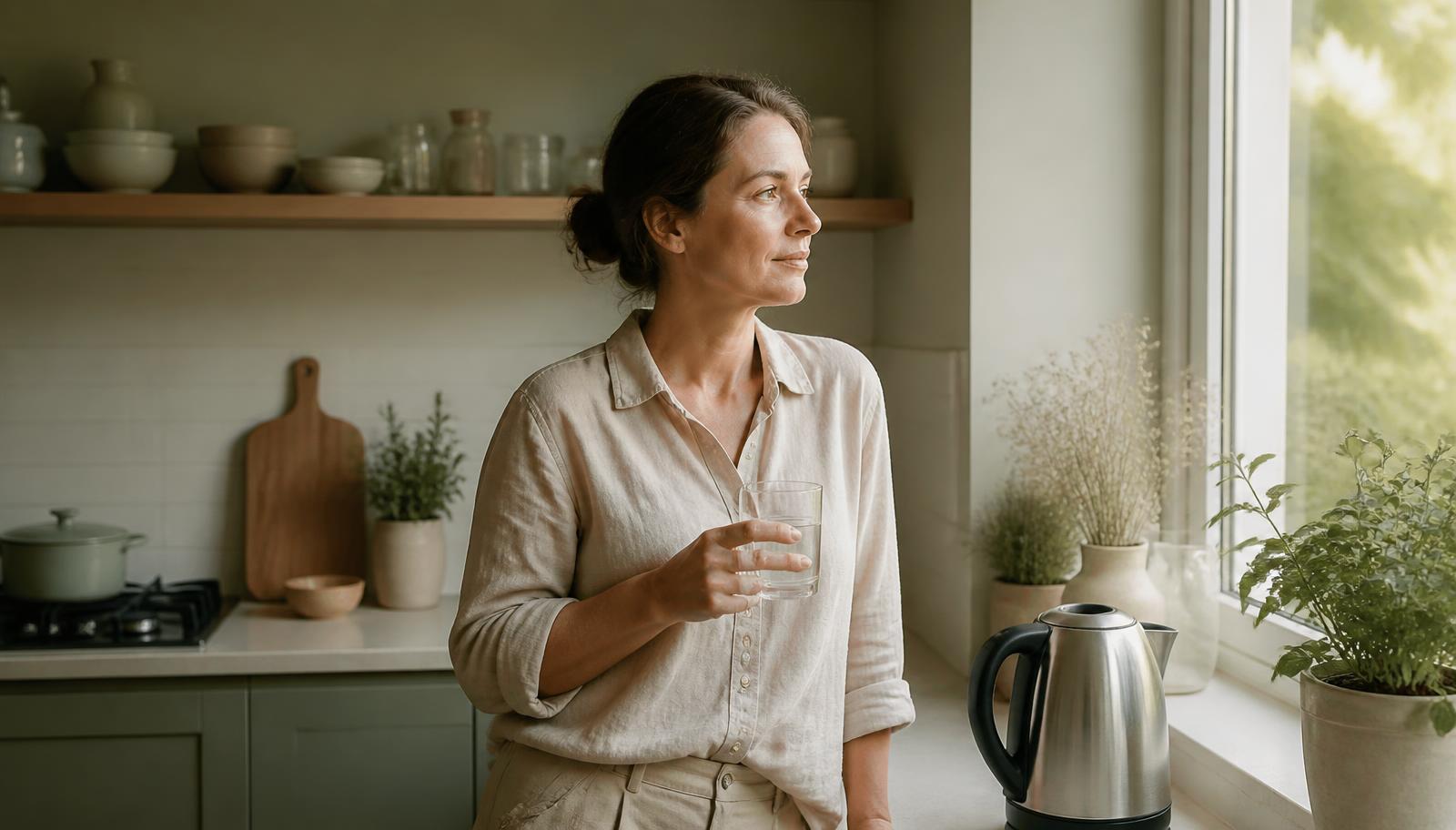 A woman standing at a kitchen window in the morning holding a glass of water, kettle untouched