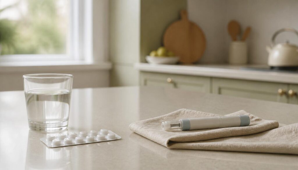 A blister strip of tablets and an injector pen on a kitchen worktop in morning light